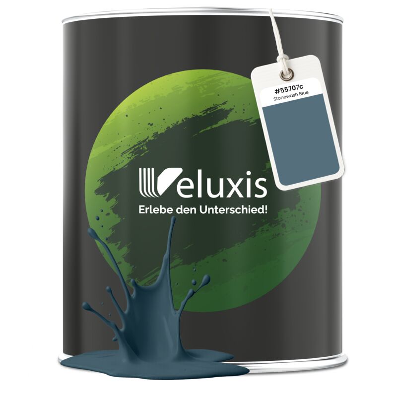 Veluxis® Edle Wandfarbe Blau für den Innenraum - 1 Liter & Deckkraft-Klasse 1, Streifenfrei, tropfarm & Öko Farbe, VOC-frei - (Stonewash Blue)