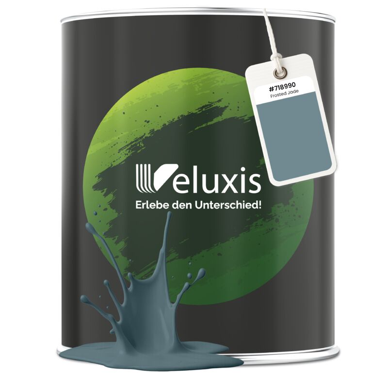 Veluxis® Edle Wandfarbe Blau für den Innenraum - 1 Liter & Deckkraft-Klasse 1, Streifenfrei, tropfarm & Öko Farbe, VOC-frei - (Frosted Jade)
