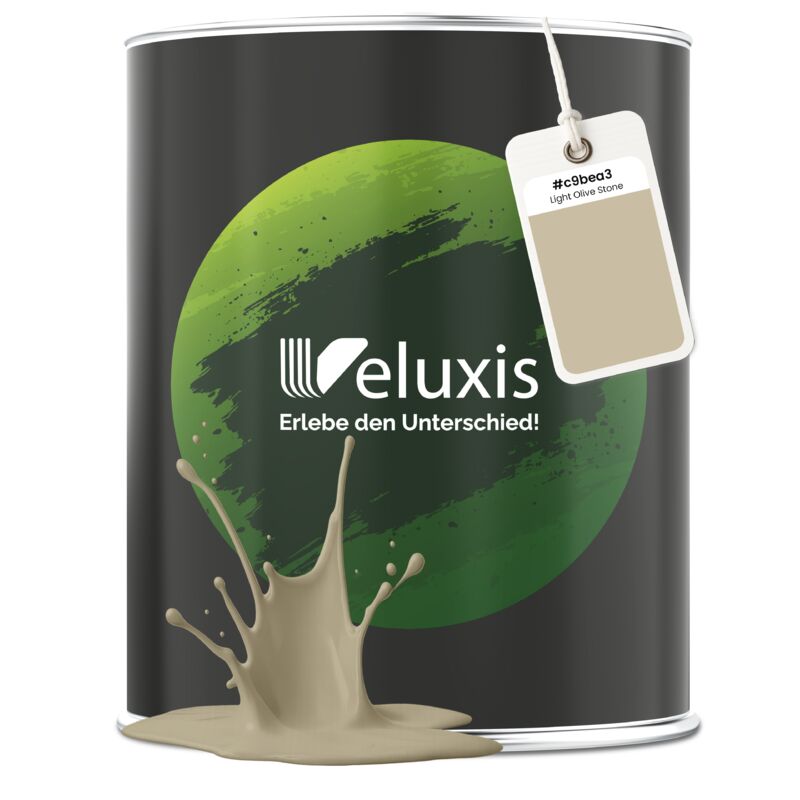 Veluxis® Edle Wandfarbe Grün für den Innenraum - 1 Liter & Deckkraft-Klasse 1, Streifenfrei, tropfarm & Öko Farbe, VOC-frei - (Light Olive Stone)