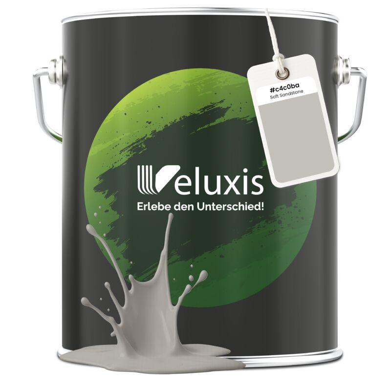 Veluxis® Edle Wandfarbe Grau für den Innenraum - 5 Liter & Deckkraft-Klasse 1, Streifenfrei, tropfarm & Öko Farbe, VOC-frei - (Soft Sandstone)