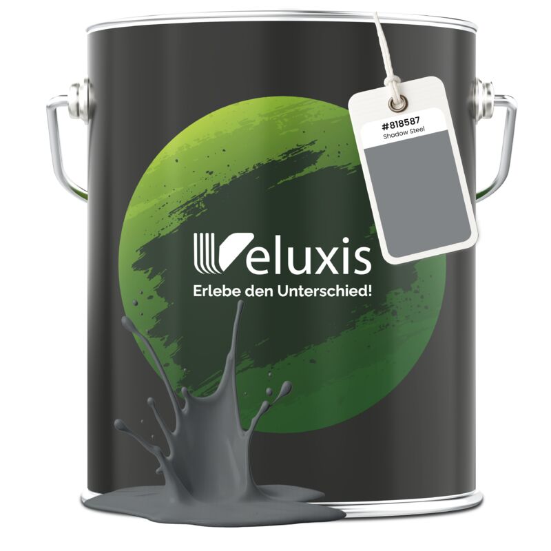 Veluxis® Edle Wandfarbe Grau für den Innenraum - 5 Liter & Deckkraft-Klasse 1, Streifenfrei, tropfarm & Öko Farbe, VOC-frei - (Shadow Steel)