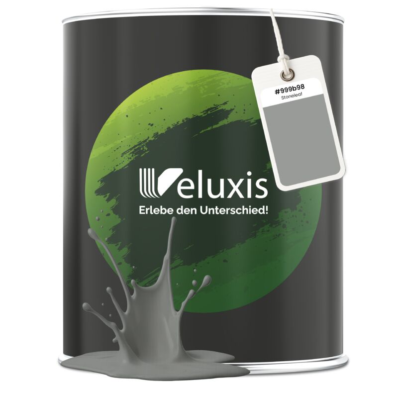 Veluxis® Edle Wandfarbe Grau für den Innenraum - 2,5 Liter & Deckkraft-Klasse 1, Streifenfrei, tropfarm & Öko Farbe, VOC-frei - (Stoneleaf)