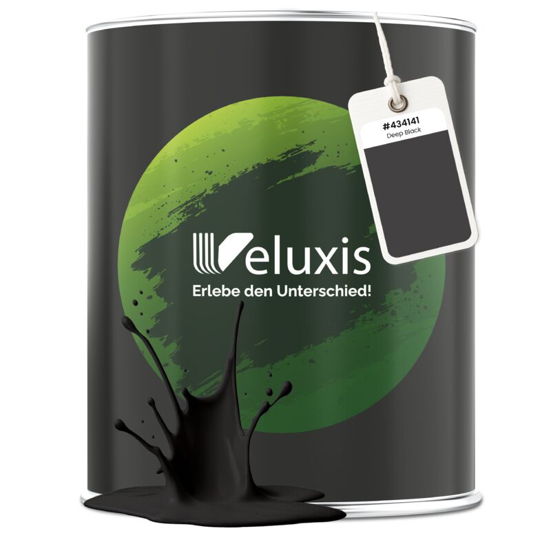 Veluxis® Edle Wandfarbe Schwarz für den Innenraum - 1 Liter & Deckkraft-Klasse 1, Streifenfrei, tropfarm & Öko Farbe, VOC-frei - (Deep Black)