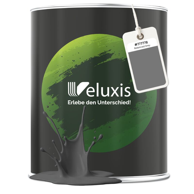Veluxis® Edle Wandfarbe Grau für den Innenraum - 2,5 Liter & Deckkraft-Klasse 1, Streifenfrei, tropfarm & Öko Farbe, VOC-frei - (Balanced Grey)