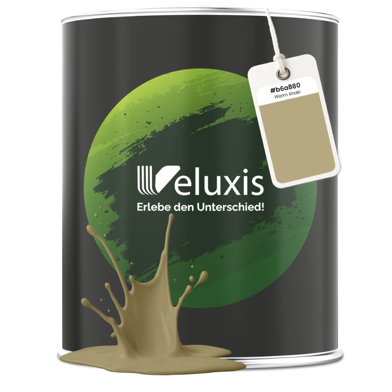 Veluxis® Edle Wandfarbe Grün für den Innenraum - 2,5 Liter & Deckkraft-Klasse 1, Streifenfrei, tropfarm & Öko Farbe, VOC-frei - (Warm Khaki)