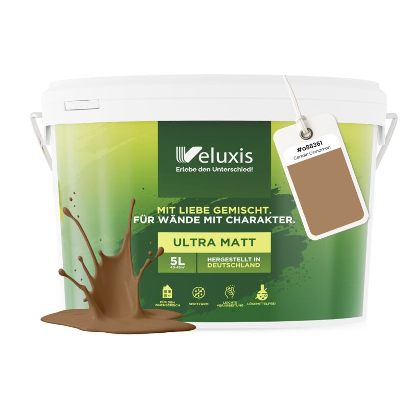 Veluxis® Wandfarbe Braun für den Innenraum - 5 Liter & Deckkraft-Klasse 1, Streifenfrei, tropfarm & Öko Farbe, VOC-frei - (Certain Cinnamon)
