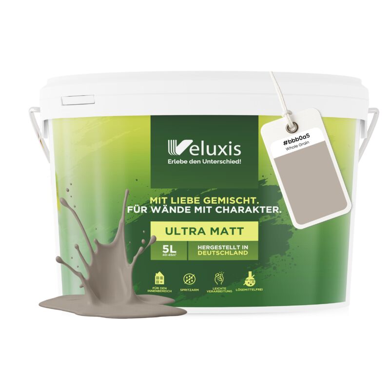 Veluxis® Wandfarbe Creme für den Innenraum - 5 Liter & Deckkraft-Klasse 1, Streifenfrei, tropfarm & Öko Farbe, VOC-frei - (Whole Grain)