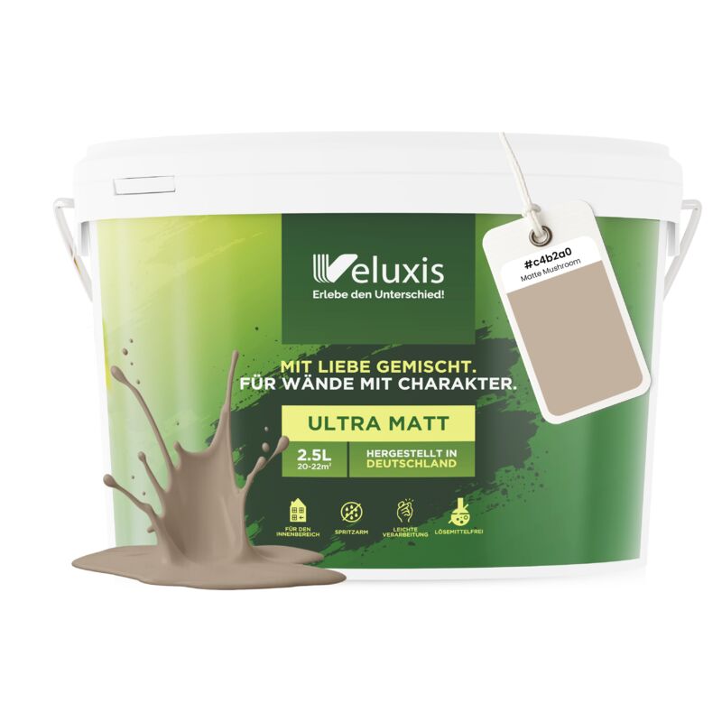 Veluxis® Wandfarbe Beige für den Innenraum - 2,5 Liter & Deckkraft-Klasse 1, Streifenfrei, tropfarm & Öko Farbe, VOC-frei - (Matte Mushroom)