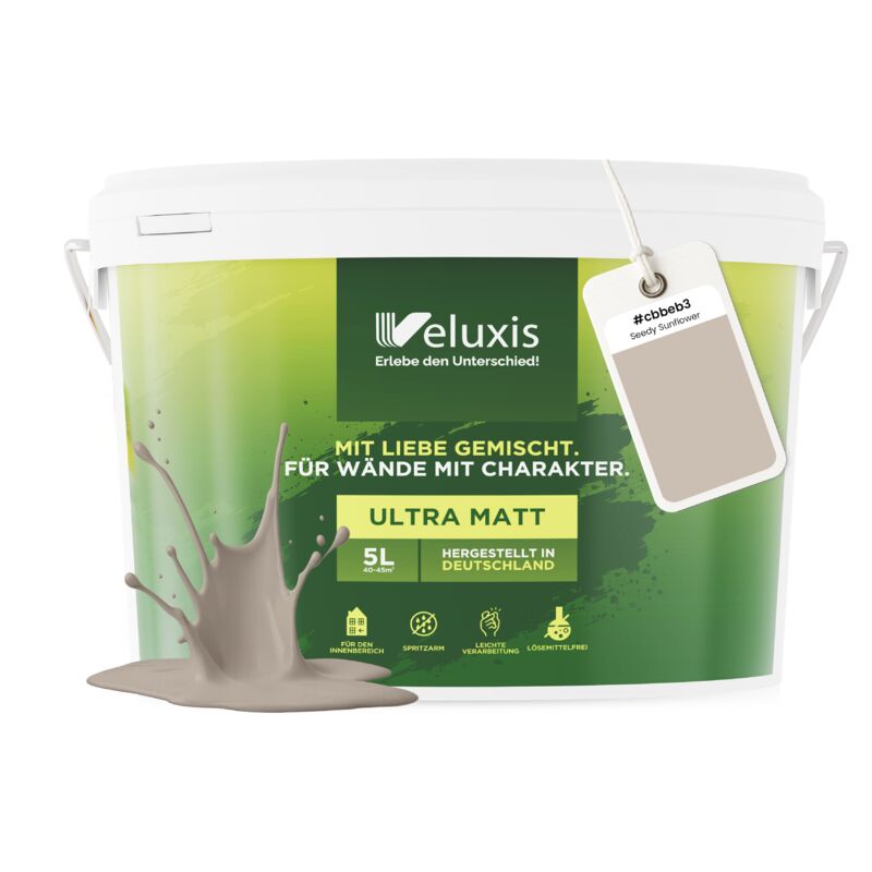 Veluxis® Wandfarbe Creme für den Innenraum - 5 Liter & Deckkraft-Klasse 1, Streifenfrei, tropfarm & Öko Farbe, VOC-frei - (Seedy Sunflower)