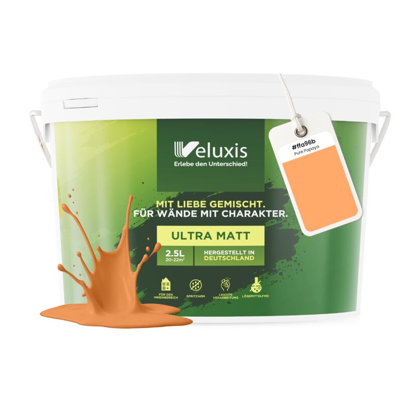 Veluxis® Wandfarbe Orange für den Innenraum - 2,5 Liter & Deckkraft-Klasse 1, Streifenfrei, tropfarm & Öko Farbe, VOC-frei - (Pure Papaya)