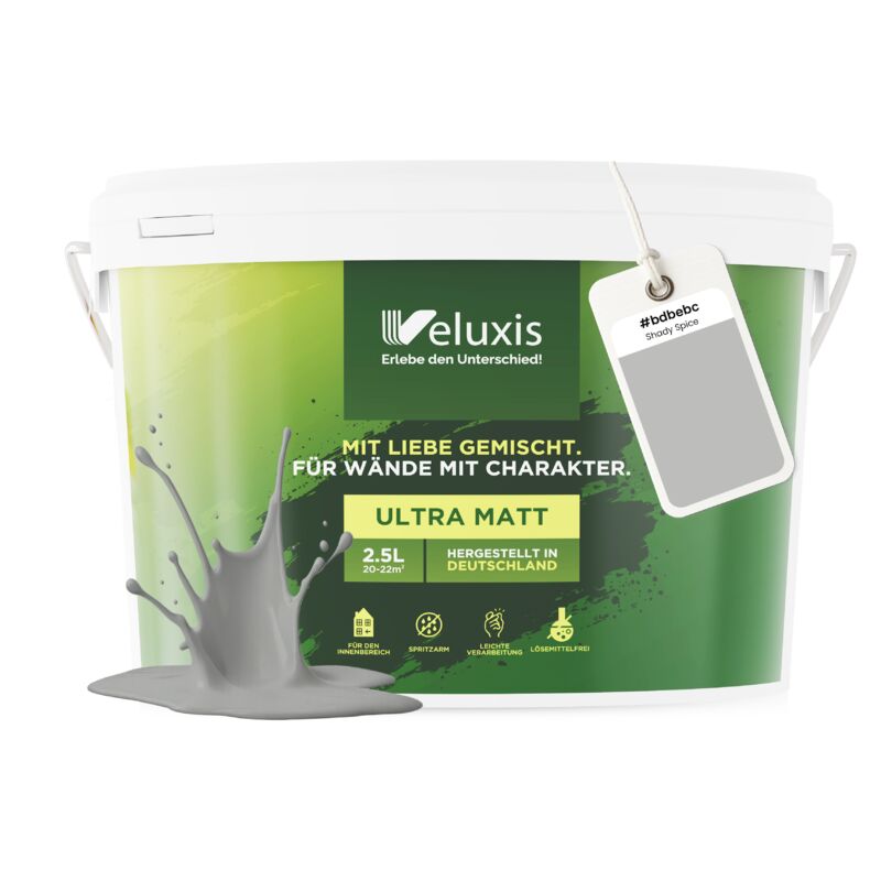 Veluxis® Wandfarbe Grau für den Innenraum - 2,5 Liter & Deckkraft-Klasse 1, Streifenfrei, tropfarm & Öko Farbe, VOC-frei - (Shady Spice)