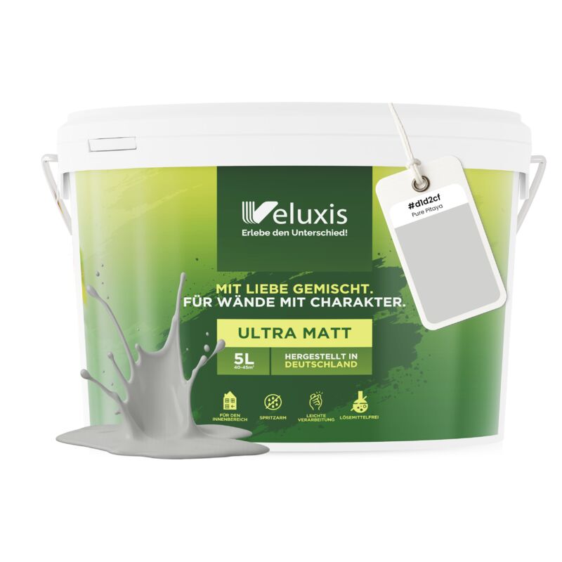 Veluxis® Wandfarbe Grau für den Innenraum - 5 Liter & Deckkraft-Klasse 1, Streifenfrei, tropfarm & Öko Farbe, VOC-frei - (Pure Pitaya)
