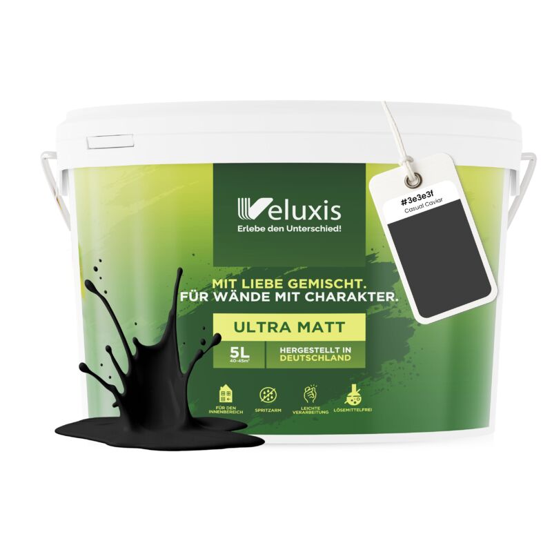Veluxis® Wandfarbe Schwarz für den Innenraum - 5 Liter & Deckkraft-Klasse 1, Streifenfrei, tropfarm & Öko Farbe, VOC-frei - (Casual Caviar)
