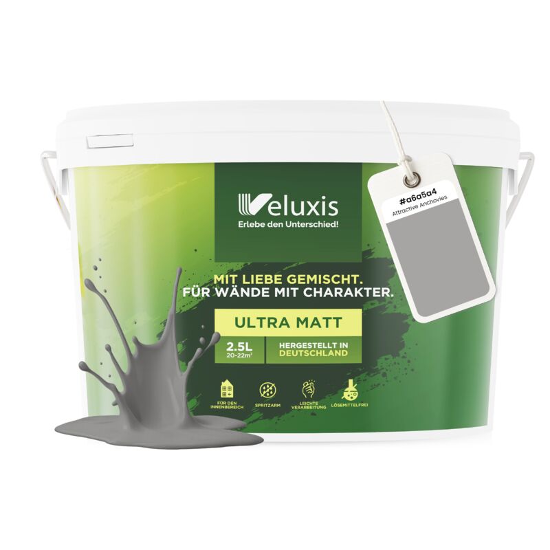 Veluxis® Wandfarbe Grau für den Innenraum - 2,5 Liter & Deckkraft-Klasse 1, Streifenfrei, tropfarm & Öko Farbe, VOC-frei - (Attractive Anchovies)
