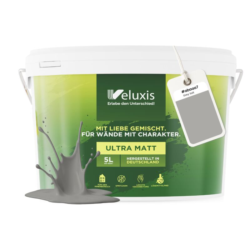 Veluxis® Wandfarbe Grau für den Innenraum - 5 Liter & Deckkraft-Klasse 1, Streifenfrei, tropfarm & Öko Farbe, VOC-frei - (Grey Salt)