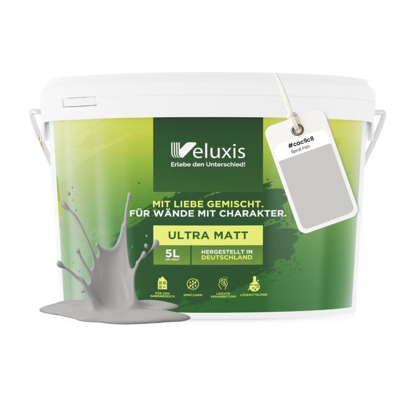 Veluxis® Wandfarbe Grau für den Innenraum - 5 Liter & Deckkraft-Klasse 1, Streifenfrei, tropfarm & Öko Farbe, VOC-frei - (Sprat Fish)