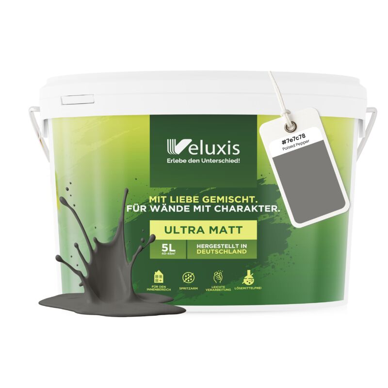 Veluxis® Wandfarbe Grau für den Innenraum - 5 Liter & Deckkraft-Klasse 1, Streifenfrei, tropfarm & Öko Farbe, VOC-frei - (Poised Pepper)