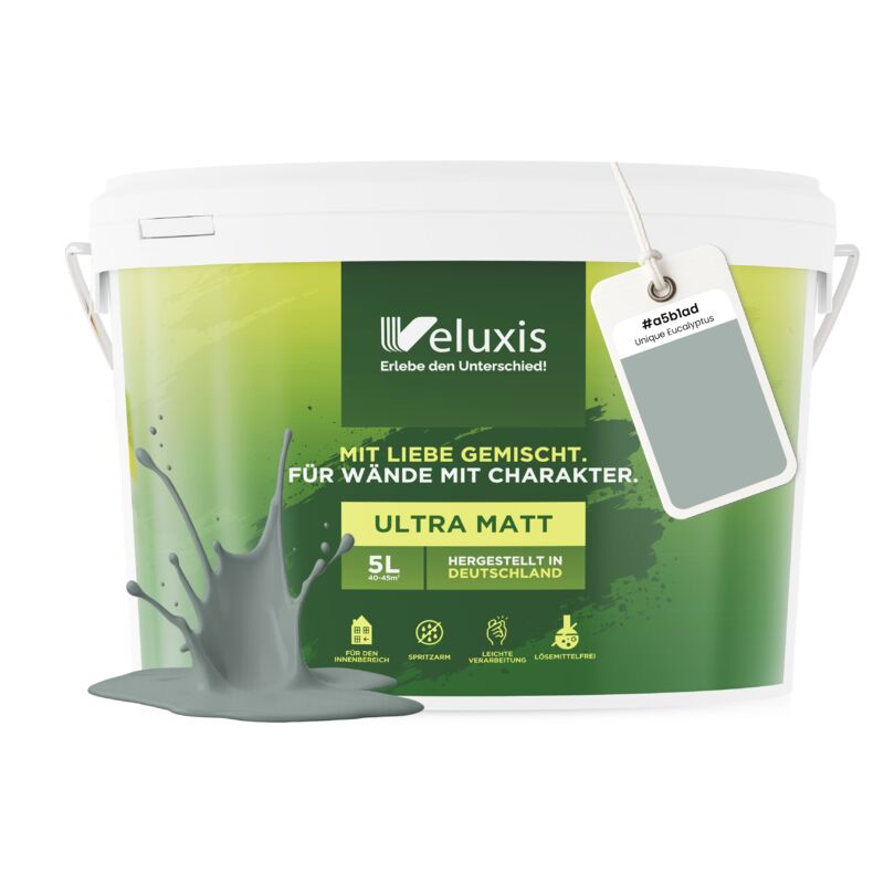 Veluxis® Wandfarbe Grau für den Innenraum - 5 Liter & Deckkraft-Klasse 1, Streifenfrei, tropfarm & Öko Farbe, VOC-frei - (Unique Eucalyptus)