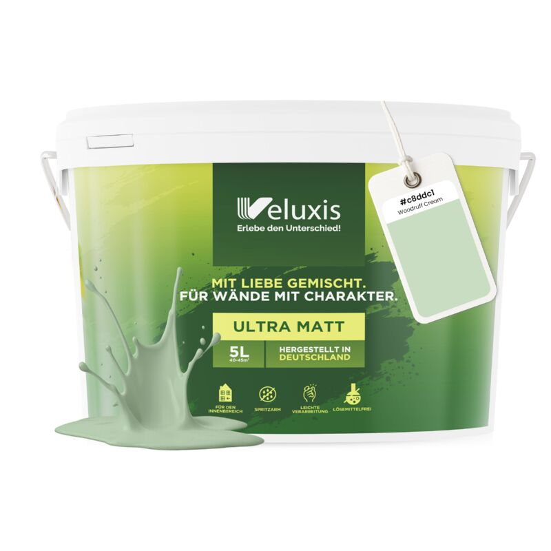 Veluxis® Wandfarbe Grün für den Innenraum - 5 Liter & Deckkraft-Klasse 1, Streifenfrei, tropfarm & Öko Farbe, VOC-frei - (Woodruff Cream)