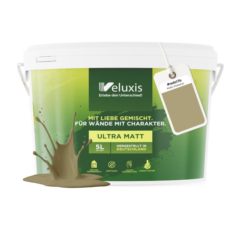 Veluxis® Wandfarbe Grün für den Innenraum - 5 Liter & Deckkraft-Klasse 1, Streifenfrei, tropfarm & Öko Farbe, VOC-frei - (Pretty Pistachio)