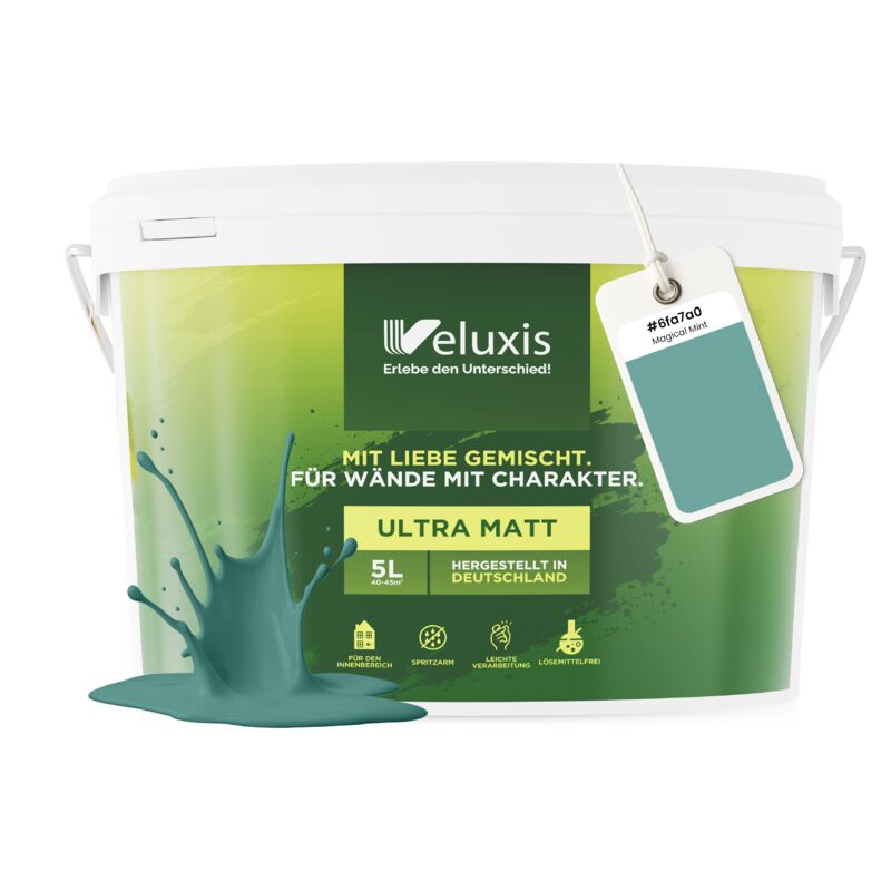 Veluxis® Wandfarbe Grün für den Innenraum - 5 Liter & Deckkraft-Klasse 1, Streifenfrei, tropfarm & Öko Farbe, VOC-frei - (Magical Mint)