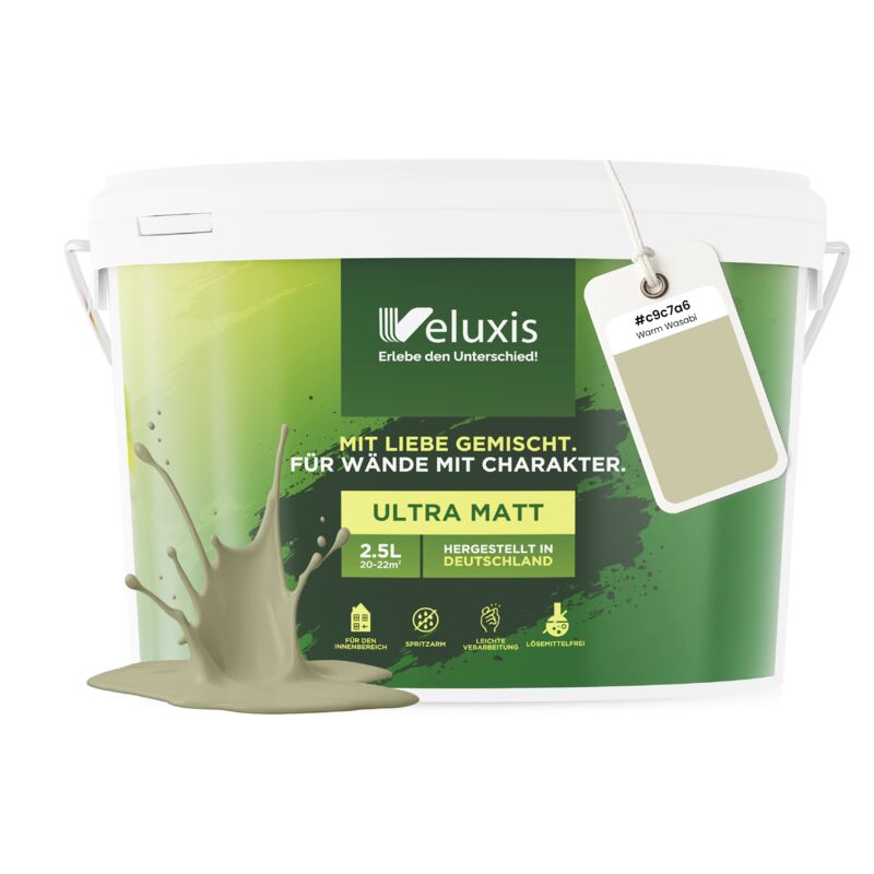 Veluxis® Wandfarbe Grün für den Innenraum - 2,5 Liter & Deckkraft-Klasse 1, Streifenfrei, tropfarm & Öko Farbe, VOC-frei - (Warm Wasabi)