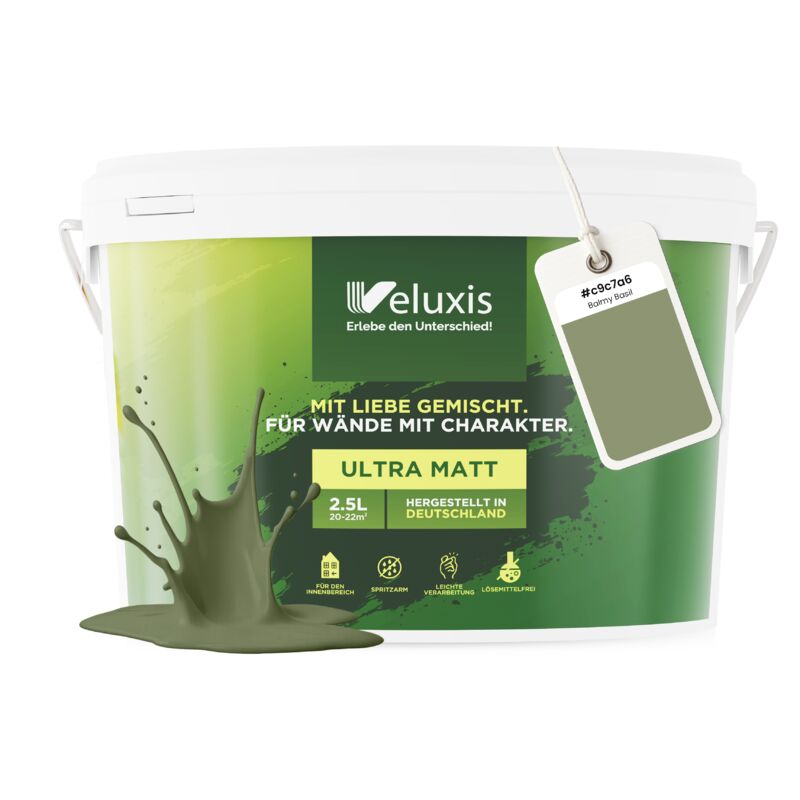 Veluxis® Wandfarbe Grün für den Innenraum - 2,5 Liter & Deckkraft-Klasse 1, Streifenfrei, tropfarm & Öko Farbe, VOC-frei - (Balmy Basil)