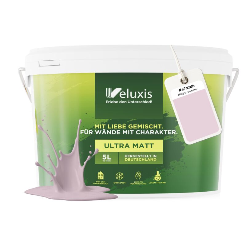 Veluxis® Wandfarbe Pink für den Innenraum - 5 Liter & Deckkraft-Klasse 1, Streifenfrei, tropfarm & Öko Farbe, VOC-frei - (Milky Strawberry)