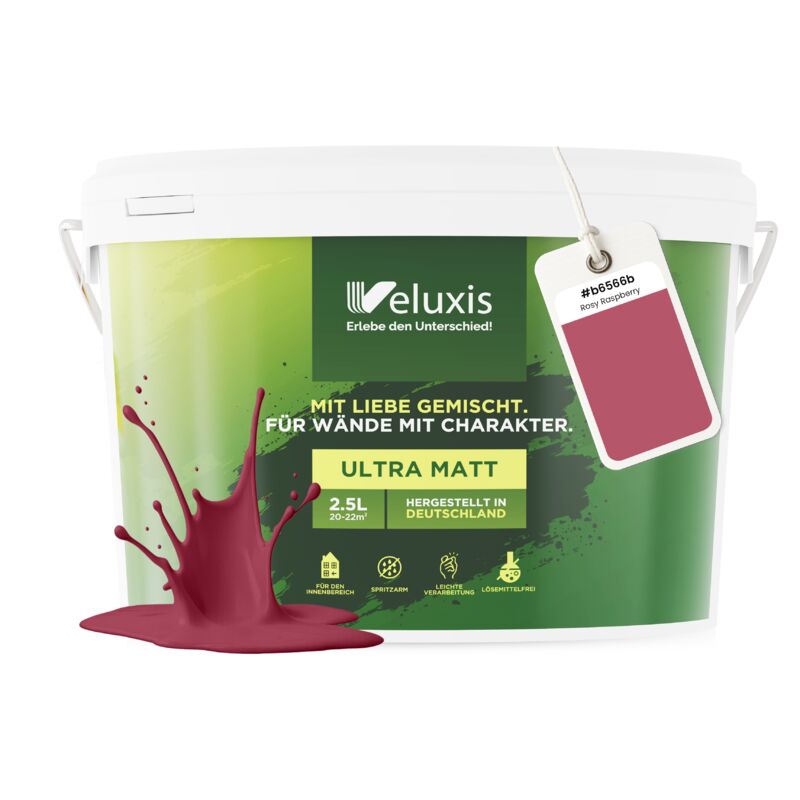 Veluxis® Wandfarbe Pink für den Innenraum - 2,5 Liter & Deckkraft-Klasse 1, Streifenfrei, tropfarm & Öko Farbe, VOC-frei - (Rosy Raspberry)