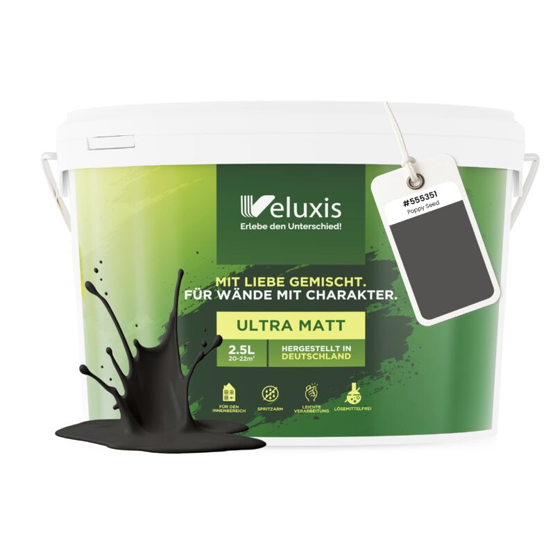 Veluxis® Wandfarbe Grau für den Innenraum - 2,5 Liter & Deckkraft-Klasse 1, Streifenfrei, tropfarm & Öko Farbe, VOC-frei - (Poppy Seed)