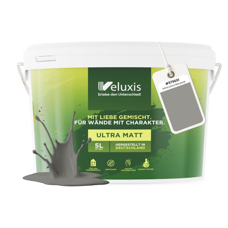 Veluxis® Wandfarbe Grau für den Innenraum - 5 Liter & Deckkraft-Klasse 1, Streifenfrei, tropfarm & Öko Farbe, VOC-frei - (Miraculous Mackerel)