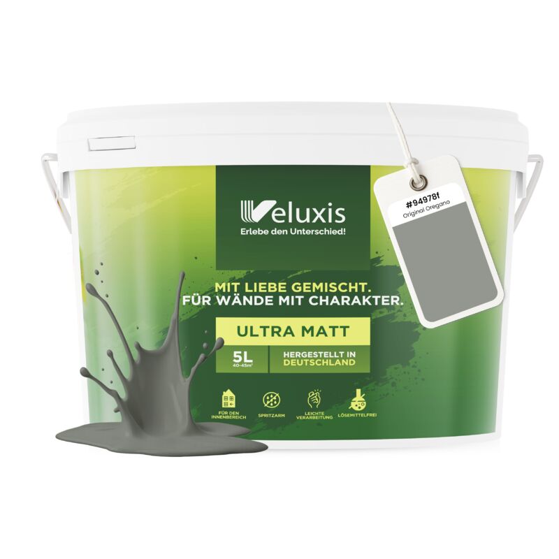 Veluxis® Wandfarbe Grau für den Innenraum - 5 Liter & Deckkraft-Klasse 1, Streifenfrei, tropfarm & Öko Farbe, VOC-frei - (Original Oregano)
