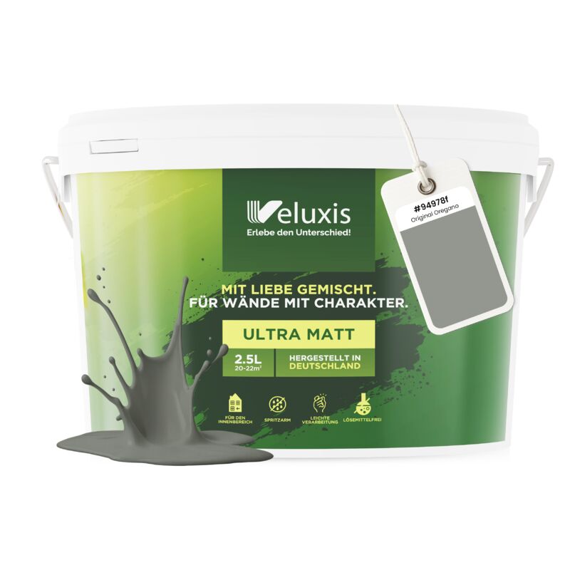 Veluxis® Wandfarbe Grau für den Innenraum - 2,5 Liter & Deckkraft-Klasse 1, Streifenfrei, tropfarm & Öko Farbe, VOC-frei - (Original Oregano)