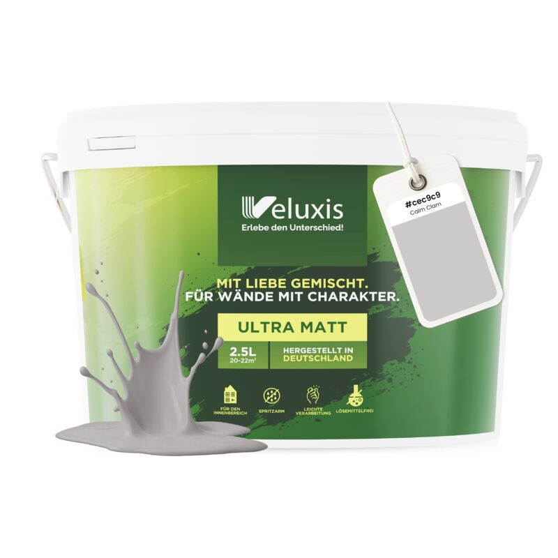 Veluxis® Wandfarbe Grau für den Innenraum - 2,5 Liter & Deckkraft-Klasse 1, Streifenfrei, tropfarm & Öko Farbe, VOC-frei - (Calm Clam)