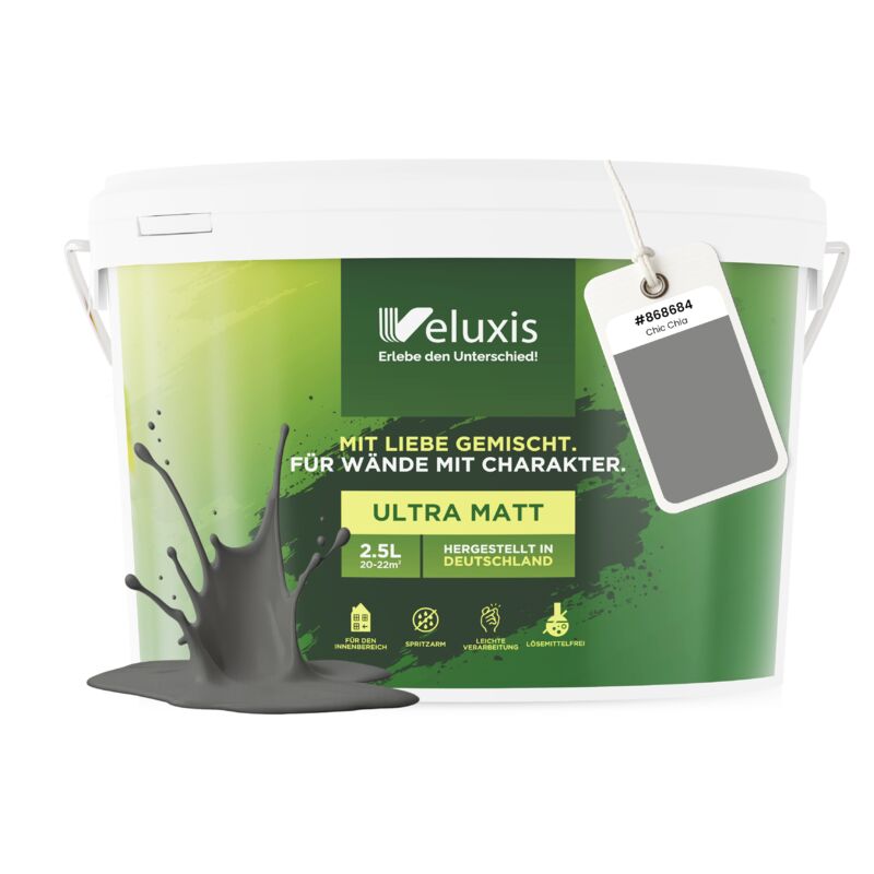 Veluxis® Wandfarbe Grau für den Innenraum - 2,5 Liter & Deckkraft-Klasse 1, Streifenfrei, tropfarm & Öko Farbe, VOC-frei - (Chic Chia)