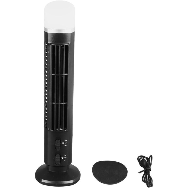 USB-Turmventilator ohne Flügel mit Licht – Schwarz – Elegantes Design für Büro/Schlafzimmer – 3 einstellbare Geschwindigkeiten – Leise und