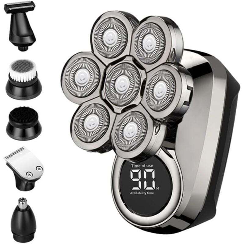 Verbesserter 6-in-1-Elektrorasierer für Männer mit Glatze, Haartrimmer aus Edelstahl mit LED-Licht und USB-Ladeanschluss