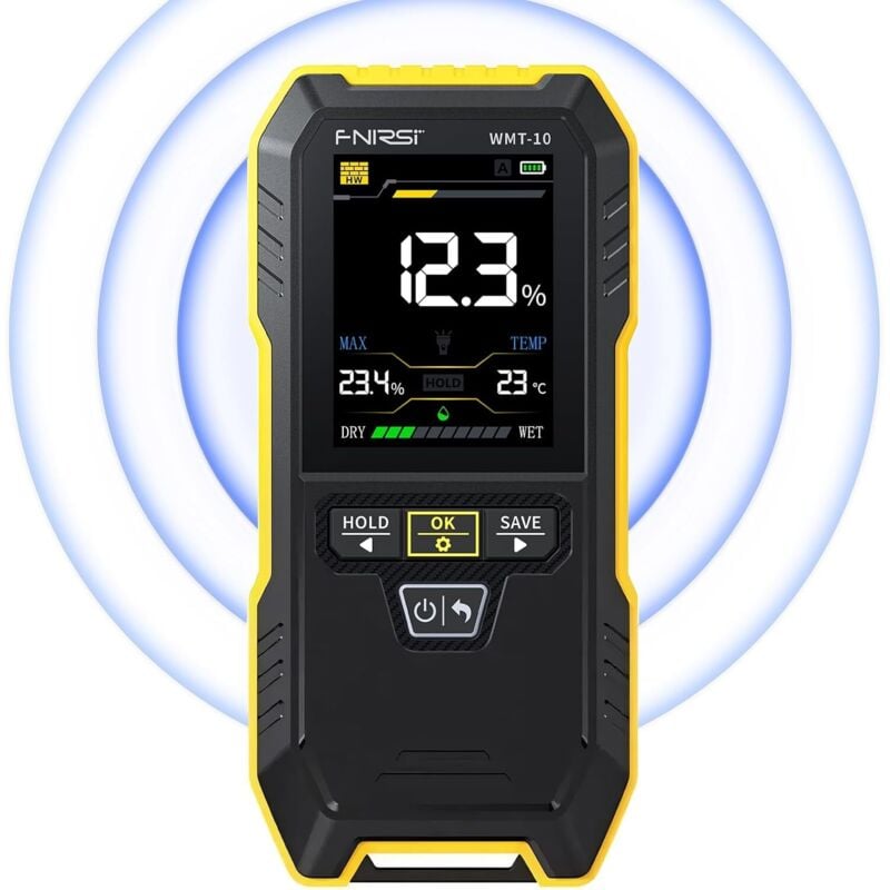Verbessertes wiederaufladbares berührungsloses Holzfeuchtemessgerät WMT-10 mit Taschenlampe für Holz, Brennholz, Wand. Berührungsloser
