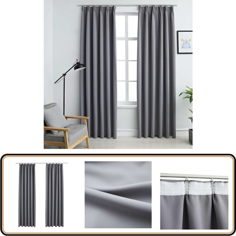 Verdunkelungsvorhänge mit Haken 2 Stk. Grau 140x175cm - Verdunkelungsvorhänge - Gardinen Grau - Wohnraumdekoration - Vorhänge Mit Ösen - Polyester