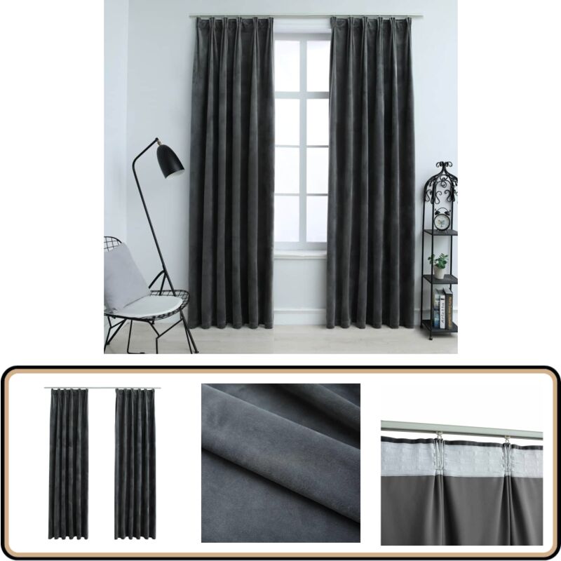 Verdunkelungsvorhänge mit Haken 2 Stk. Samt Anthrazit 140x225cm - Elegante Vorhänge - Samtvorhänge - Anthrazitfarbene Vorhänge - Wohnraumdekoration
