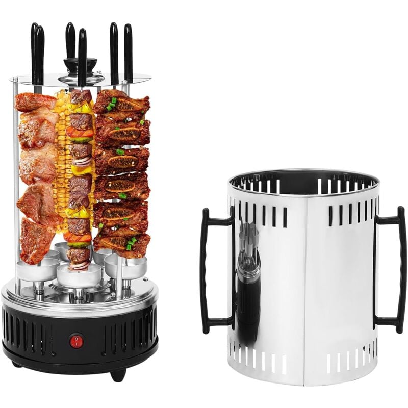 Vertikaler Elektrischer Grill 1000W Elektrogrill Schaschlikgrill mit 6 Spieße, 400-500℃ Vertikaler Rotisserie-Grill Elektro Grill Tischgrill für bbq,