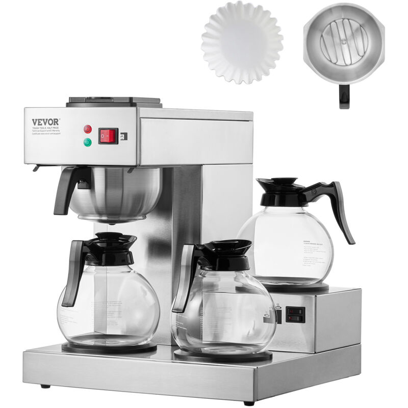 Vevor - 12 Tassen gewerbliche Filterkaffeemaschine, Kaffeemaschine mit 3 Glaskaraffen & 3 Warmhalteplatten, Kaffeemaschine aus Edelstahl mit