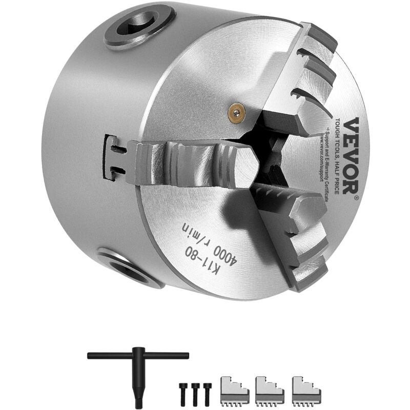 3-Backen-Drehfutter, 80 mm, selbstzentrierendes Spannfutter, 2-63 mm Spannbereich mit T-Schlüssel-Befestigungsschrauben, umkehrbare Backen,
