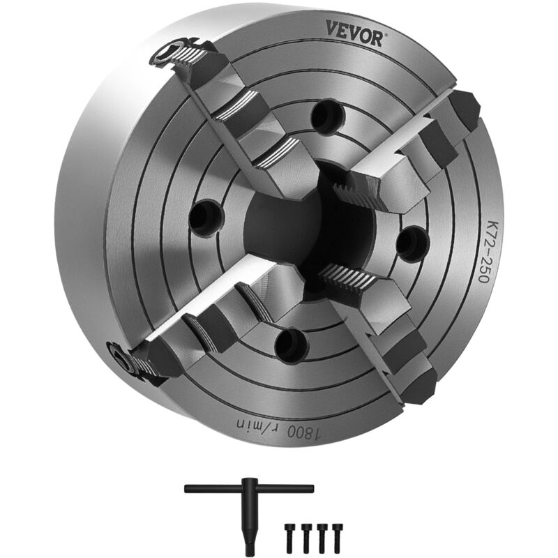 4-Backen-Drehfutter, 250 mm, selbstzentrierendes Spannfutter, 15-250 mm Spannbereich mit T-Schlüssel-Befestigungsschrauben, umkehrbare Backen,