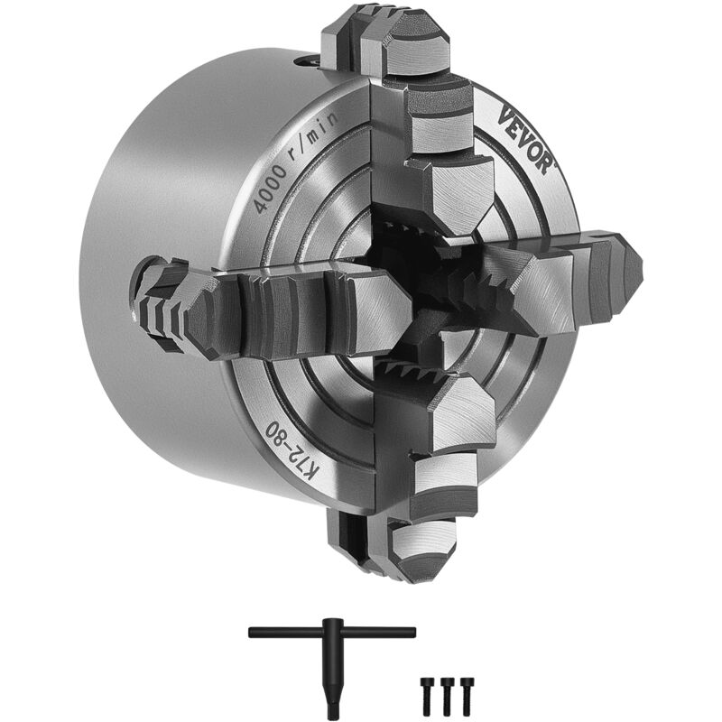 4-Backen-Drehfutter, 80 mm, selbstzentrierendes Spannfutter, 5-80 mm Spannbereich mit T-Schlüssel-Befestigungsschrauben, umkehrbare Backen,