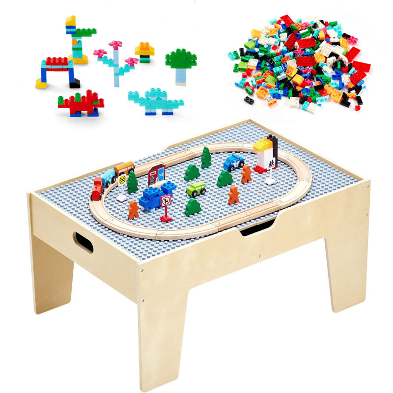 VEVOR Aktivitätstisch, 290 Bausteine und 30-teiliges Holzeisenbahn-Set, Eisenbahn, Fahrzeuge, Gleise und Zubehör, Holz-Spieltisch für Kinder mit