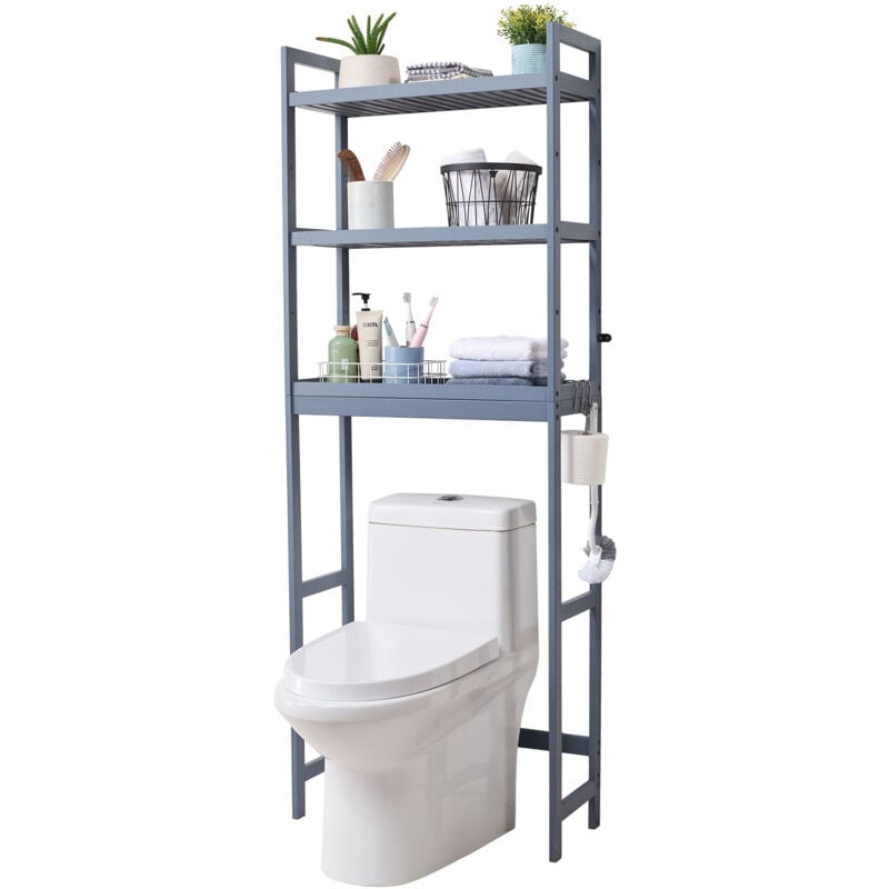 Aufbewahrung über der Toilette, 3-stufiger verstellbarer Badezimmer-Organizer über der Toilette, Aufbewahrungsregal aus Bambus mit 3 Haken,