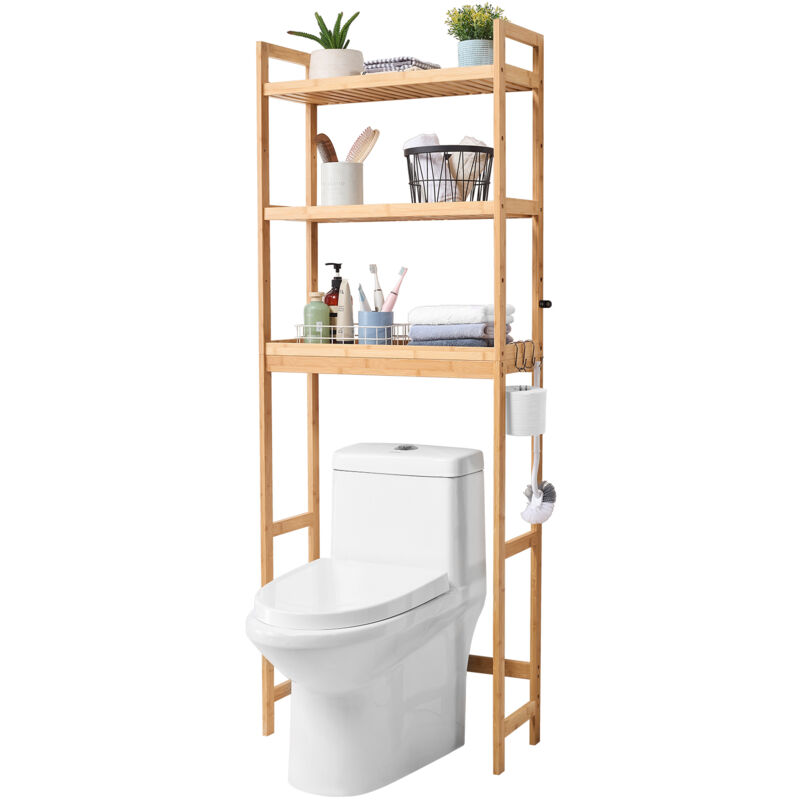 VEVOR Aufbewahrung über der Toilette, 3-stufiger verstellbarer Badezimmer-Organizer über der Toilette, Aufbewahrungsregal aus Bambus mit 3 Haken,