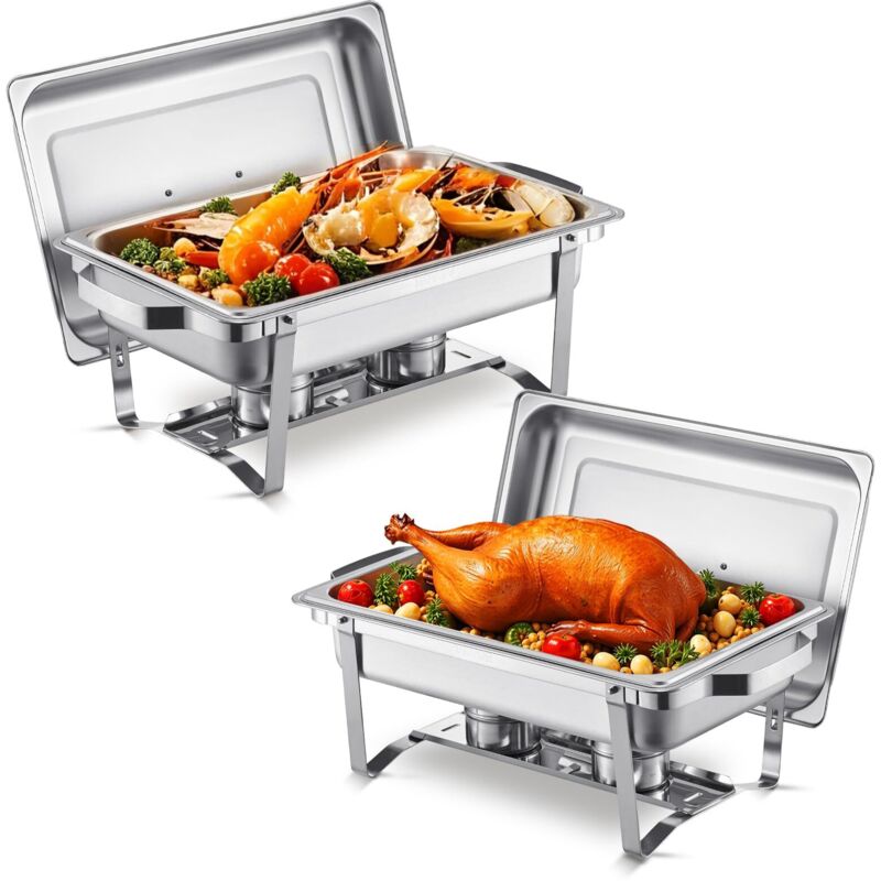 Chafing Dish Buffet Speisenwärmer (7,5 l), 2 Stk. mit 2 Pfannen in voller Größe, rechteckiger Catering-Wärmespender mit Deckel & Brennstoffhalter,