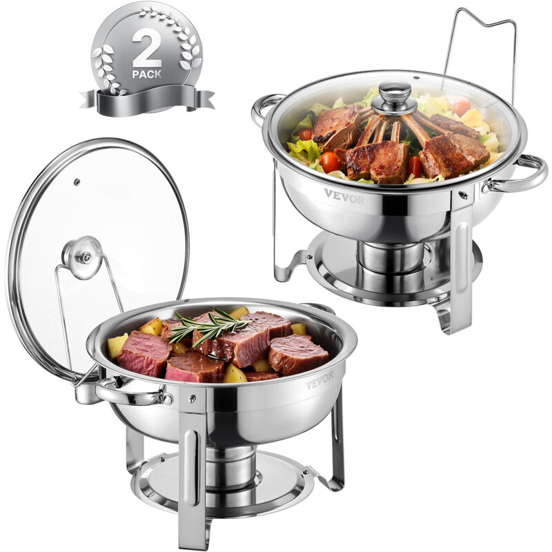 Chafing Dish Buffet Speisenwärmer mit 2 Behältern in voller Größe (4,7 l pro), runder Catering-Wärmespender mit Glasdeckel & Wasserpfanne &
